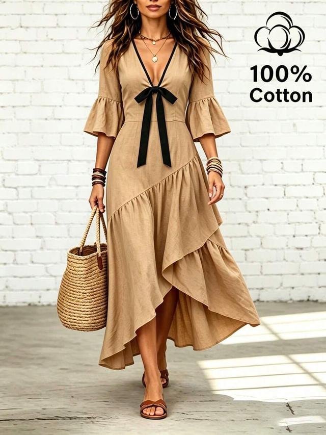 khaki cotton v-neck ruffle fishtail dress