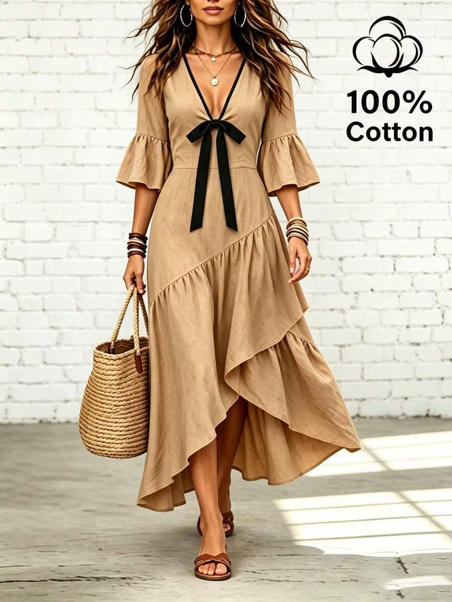 khaki cotton v-neck ruffle fishtail dress