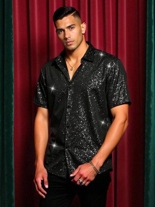 black sequin short sleeve button-up party shirt