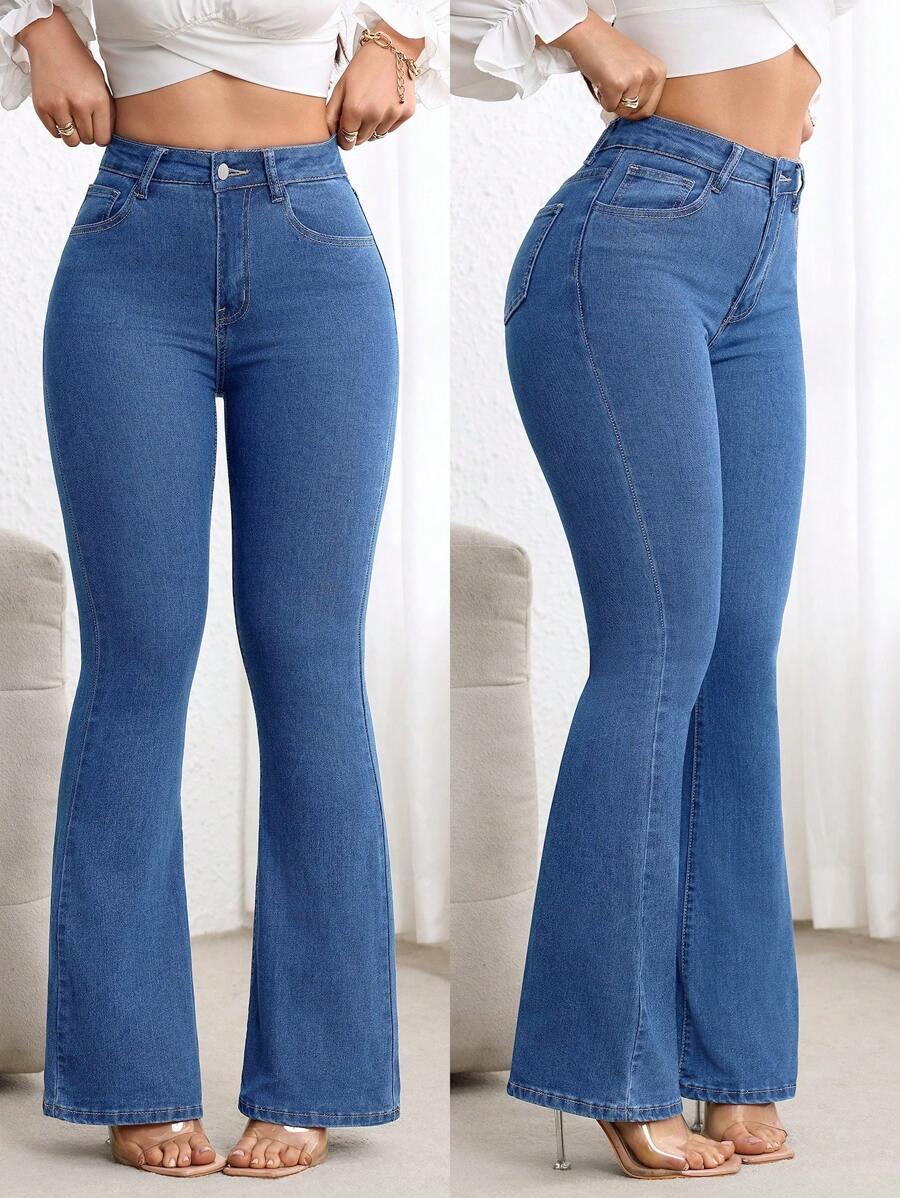 blue denim high waisted flare jeans