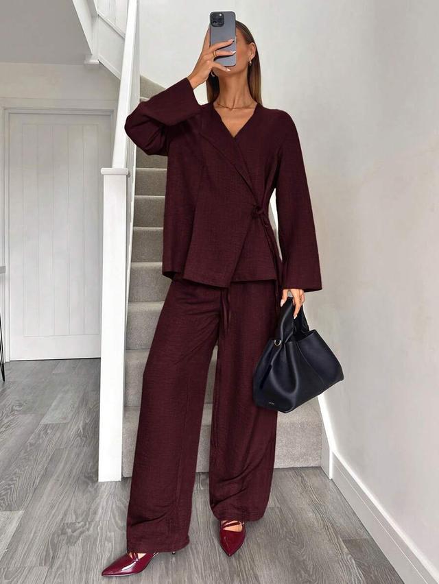 burgundy wrap shirt and wide leg trousers set