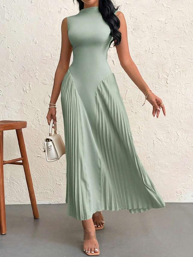 elegant pastel green pleated slim a-line dress