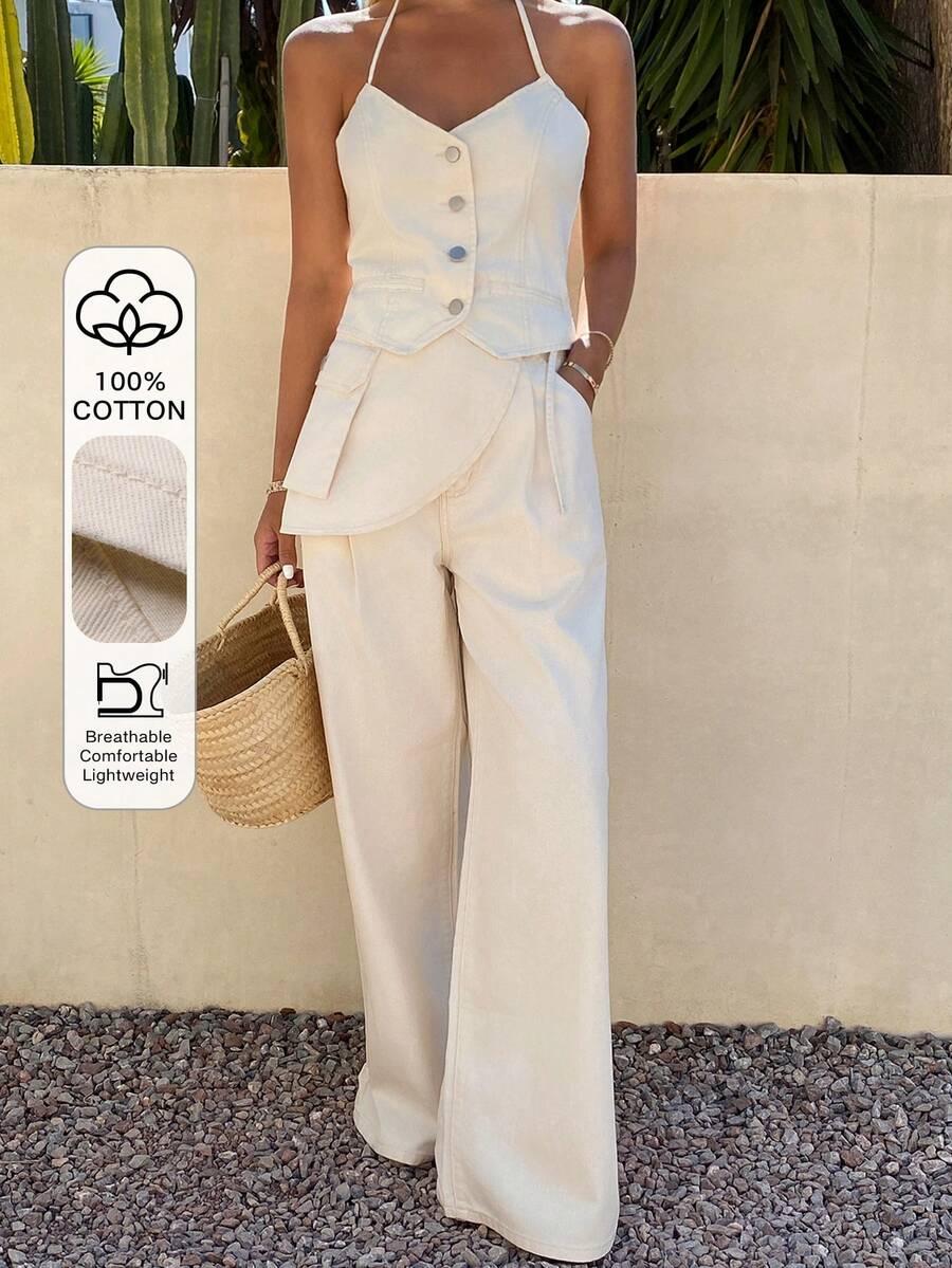 off-white denim halter vest and matching wide-leg trousers