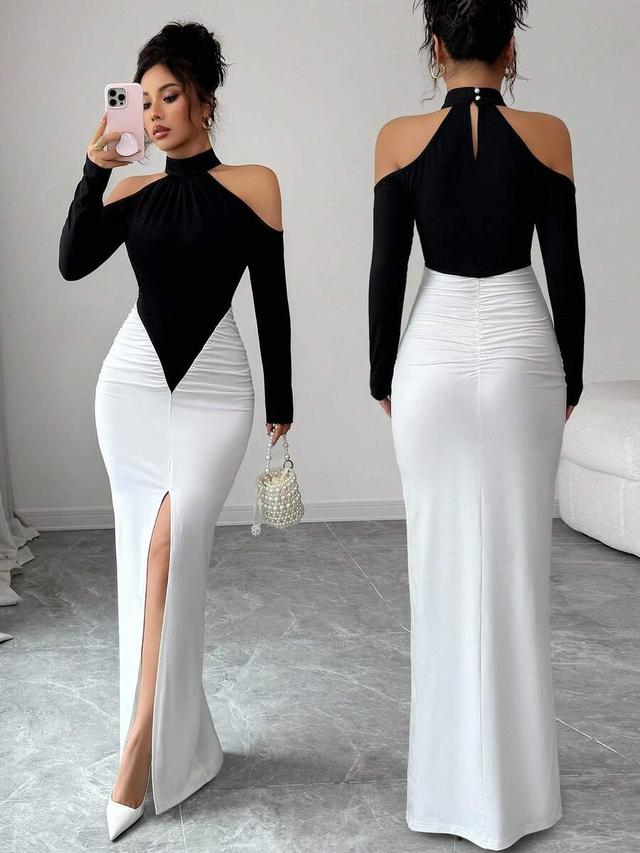 black and white color block ruched bodycon maxi dress