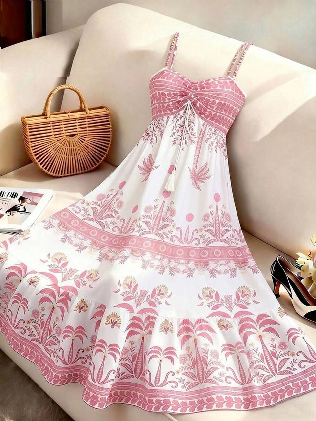 white and pink printed spaghetti strap a-line dress