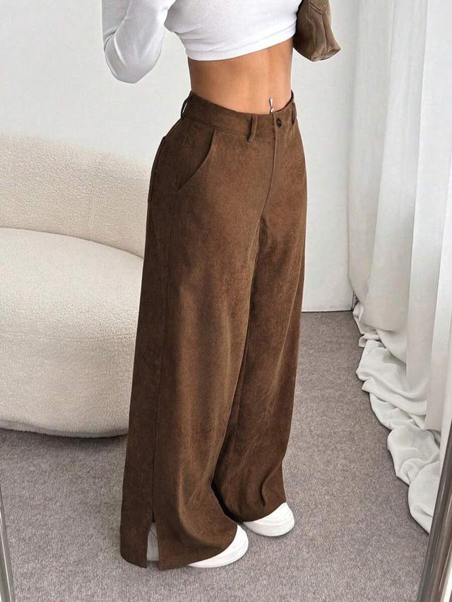 brown corduroy wide-leg split hem trousers