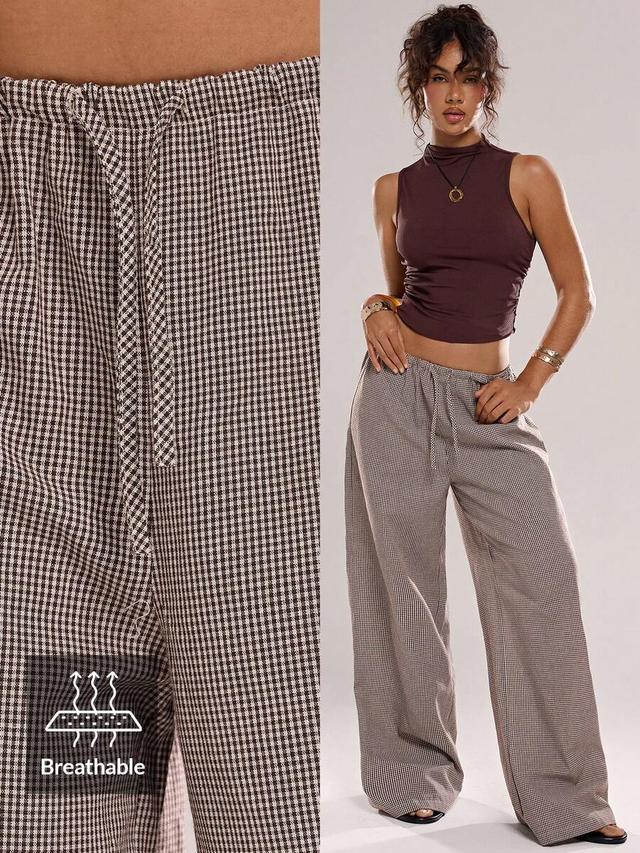 women's black and white plaid gingham wide-leg trousers