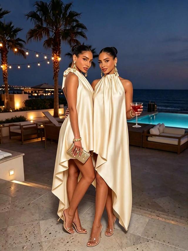 champagne satin high-low halter neck dress