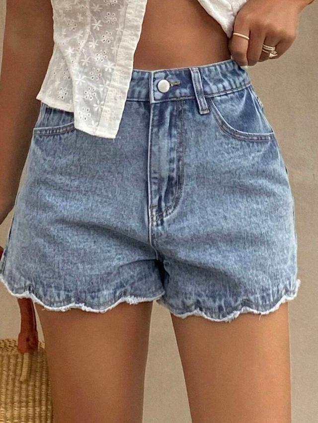 high-waisted acid wash denim shorts with scalloped hem