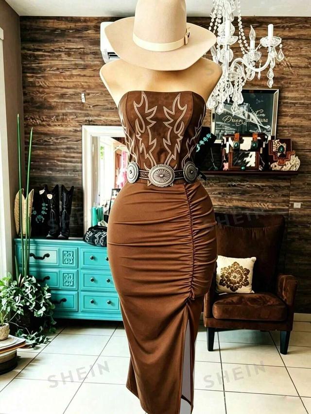 brown strapless western-inspired midi dress with ruching