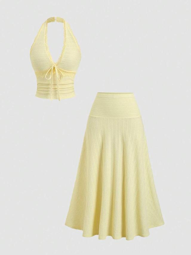 yellow textured halter top and midi skirt set