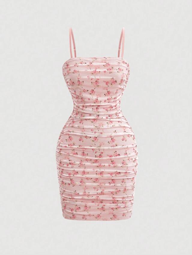 floral mesh ruched spaghetti strap mini dress