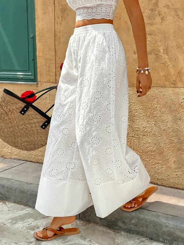 white boho embroidered cotton wide leg pants