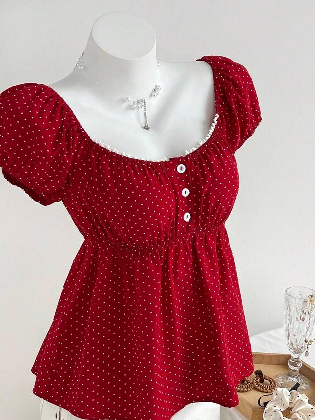 red polka dot square neck short sleeve blouse