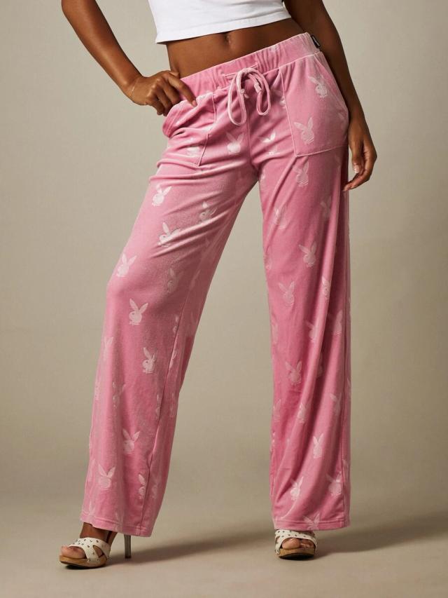 pink velour wide leg sweatpants with logo print