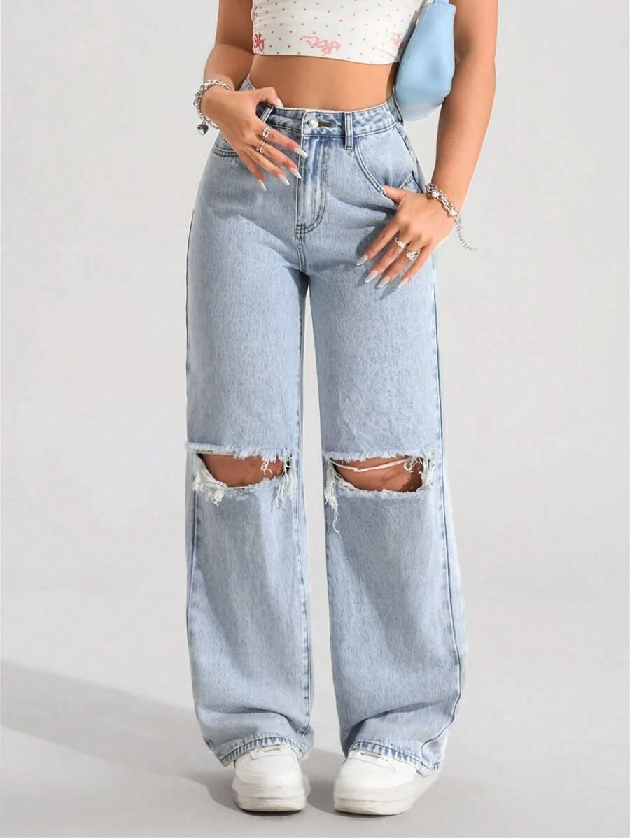 light wash distressed wide leg denim jeans
