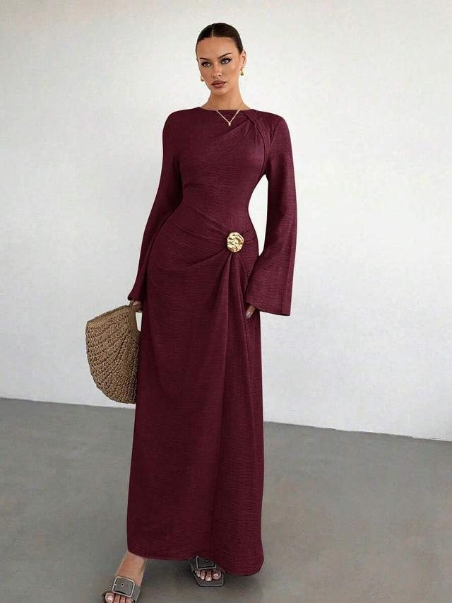 burgundy textured long sleeve draped maxi dress