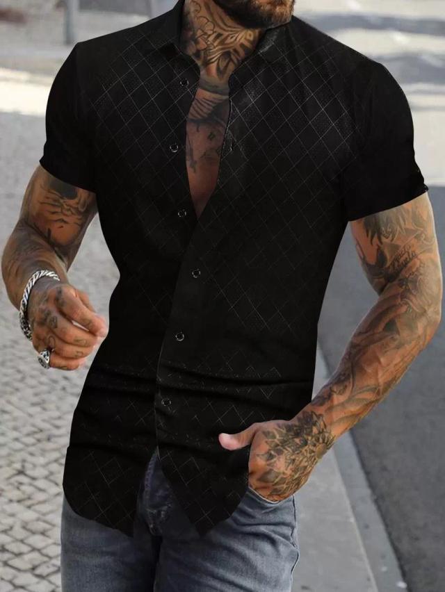 black argyle print short sleeve button up shirt