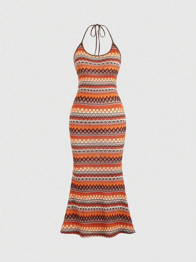 geometric printed halter neck fish-tail hem dress