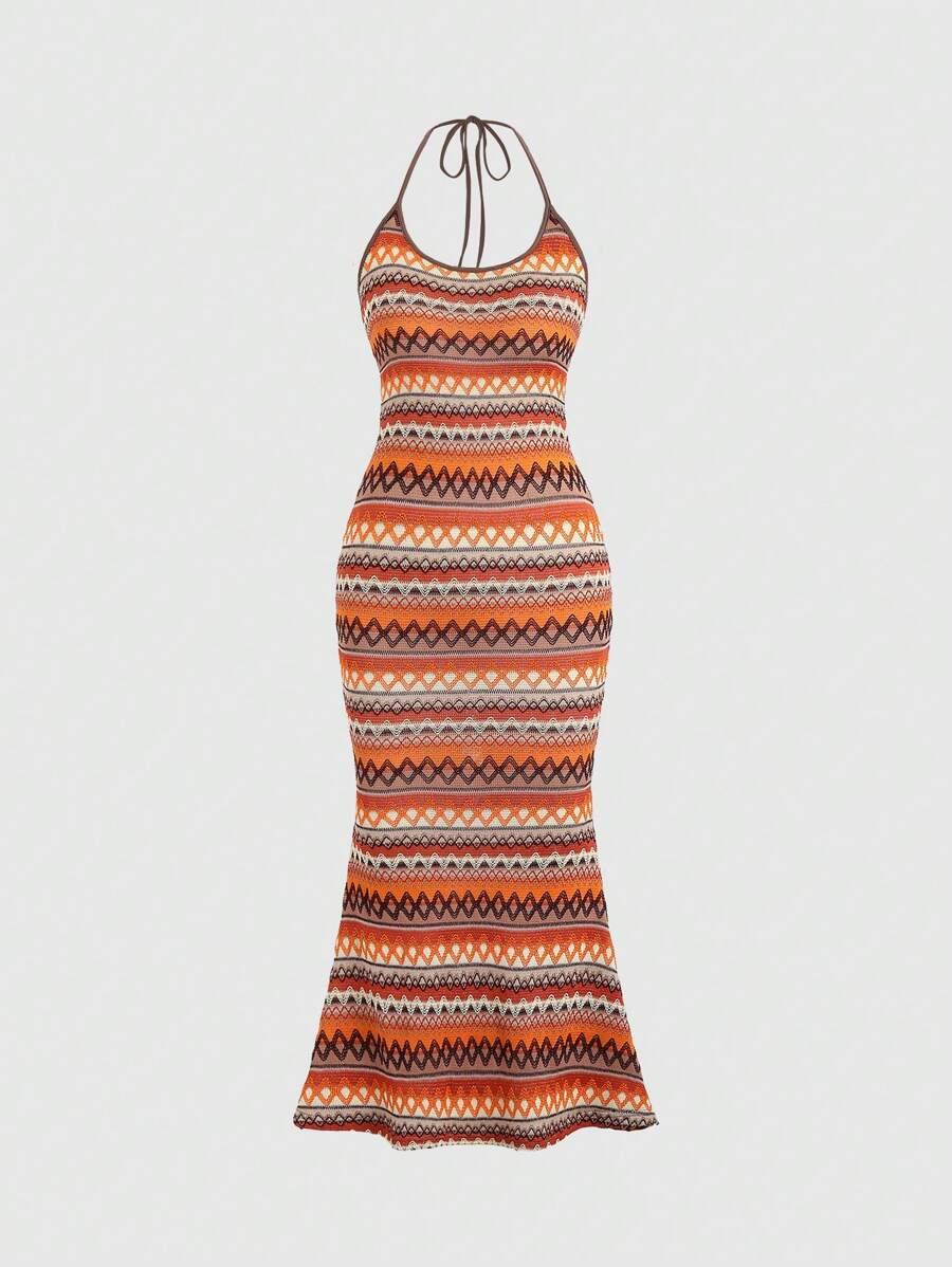 geometric printed halter neck fish-tail hem dress