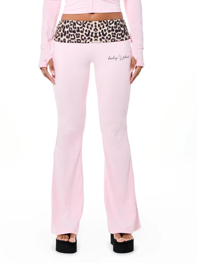 babyphat high rise flare leggings with leopard print waistband