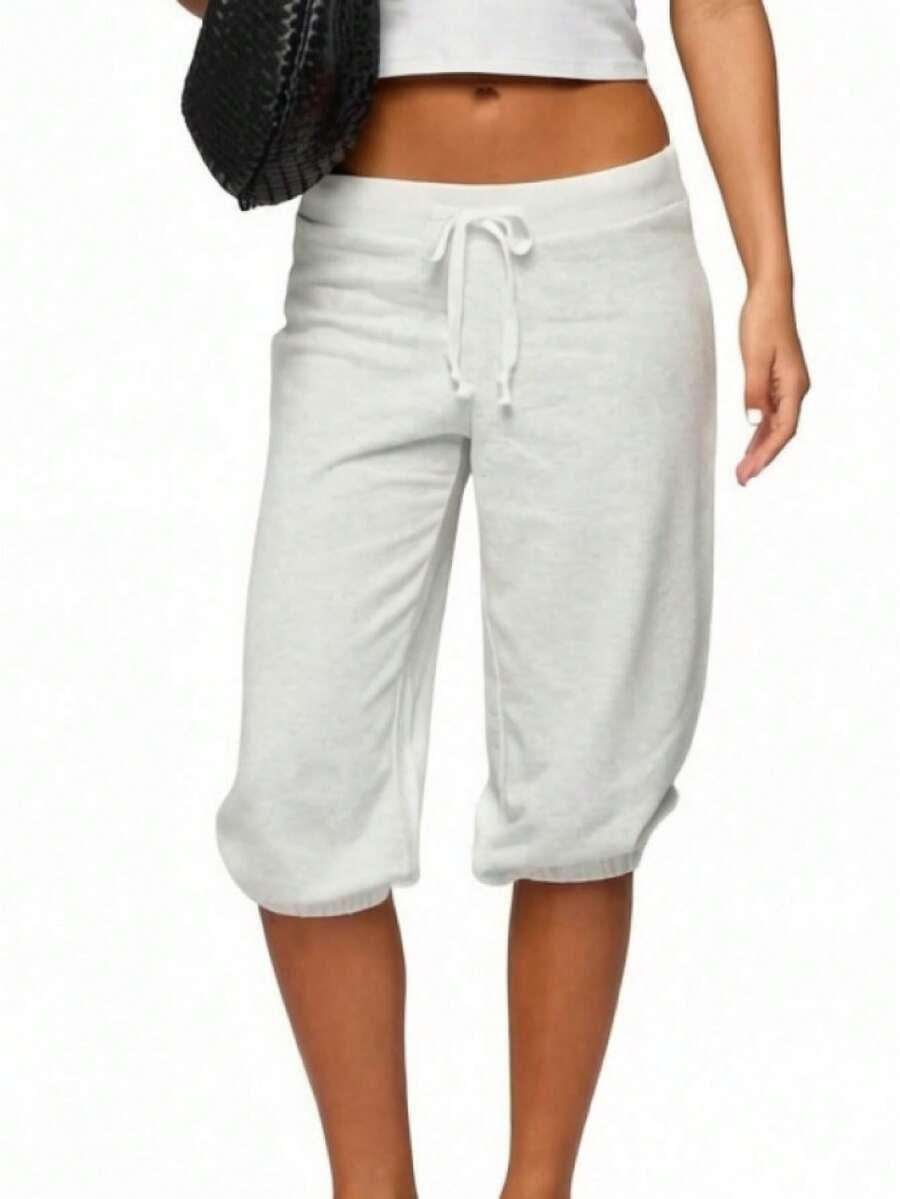 solid color drawstring workout capri jogger pants