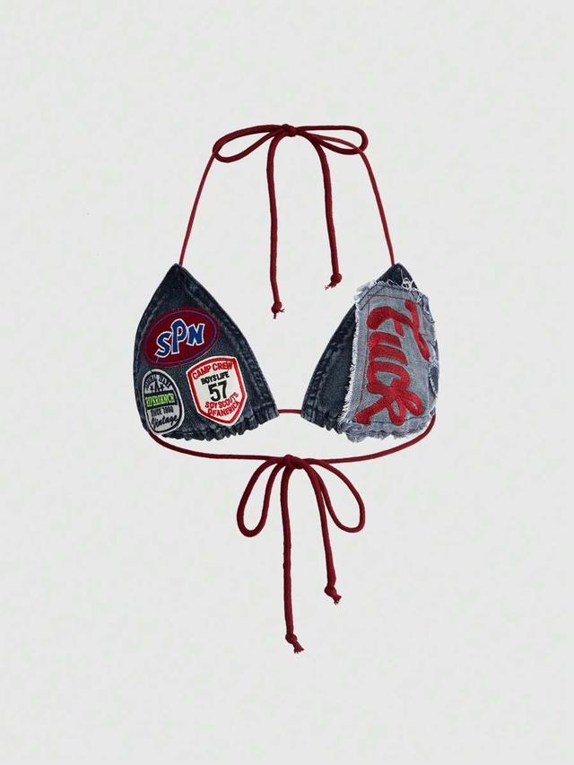 y2k retro slogan embroidered tie-up denim bikini top