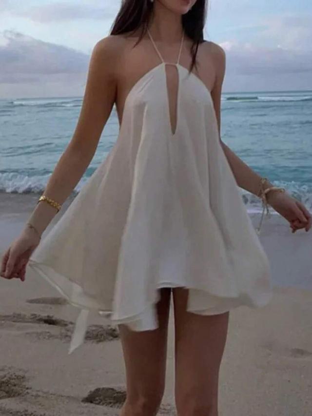 white halter neck backless mini vacation dress
