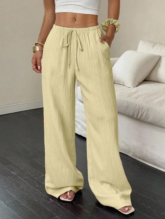 light yellow textured cotton blend wide leg trousers