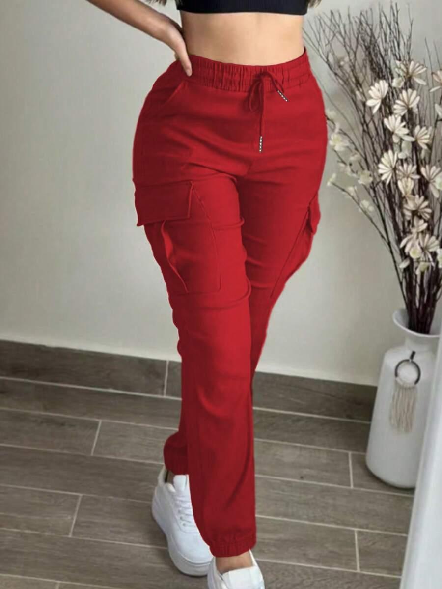 red elastic waist drawstring cargo utility pants