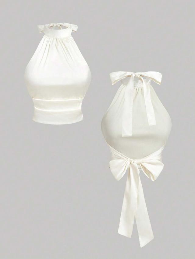 cream white satin halter neck bow tie-up crop top