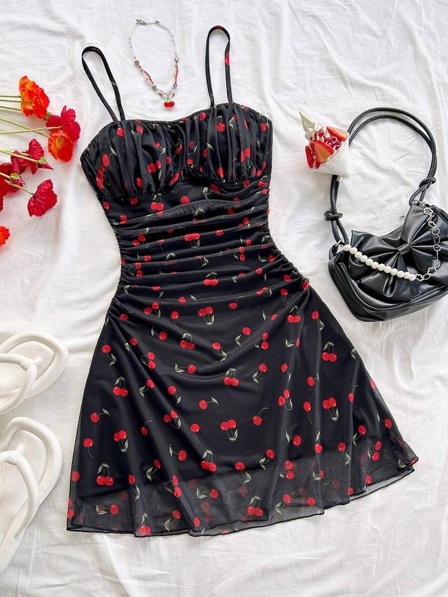 black cherry print mesh ruched slip dress