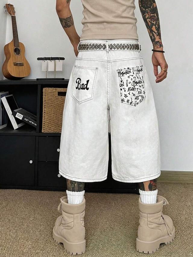 white vintage loose wide leg denim shorts with prints