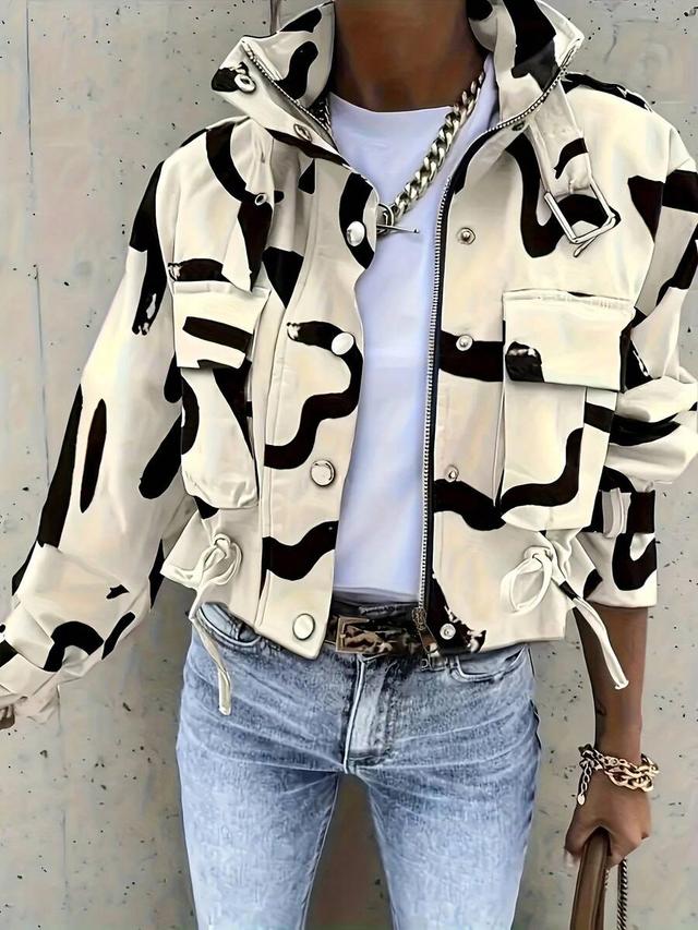 women's abstract print multi-pocket work jacket