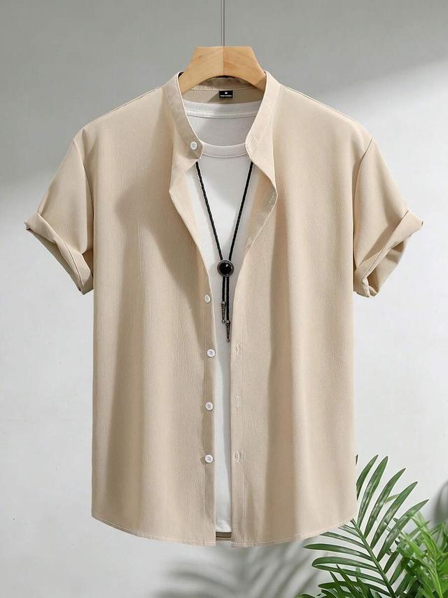 beige mandarin collar short sleeve casual shirt