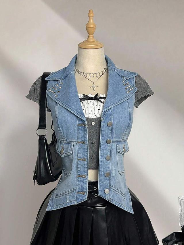 light wash denim vest with studded lapels