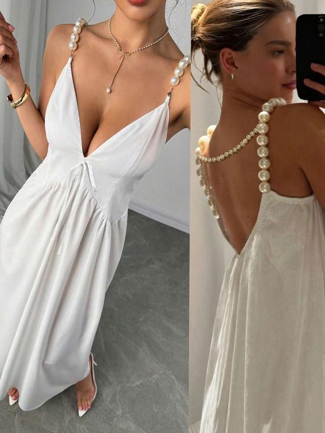 oversize white pearl strap casual vacation dress