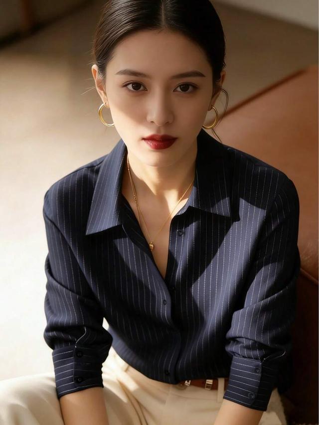 navy blue pinstriped long sleeve button down shirt