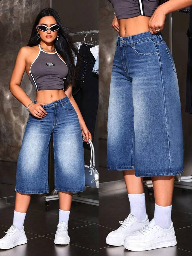 casual everyday medium wash denim culottes