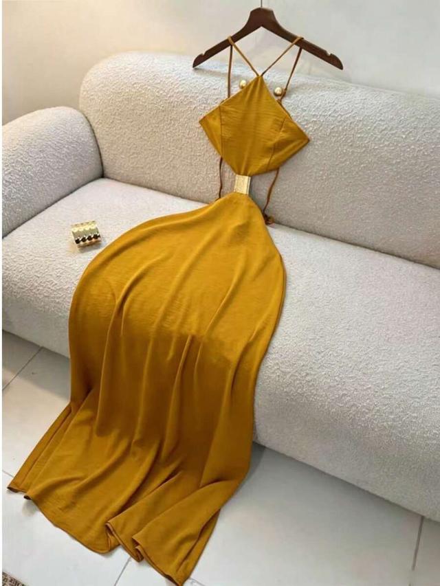 mustard yellow halter neck maxi dress with metal detail