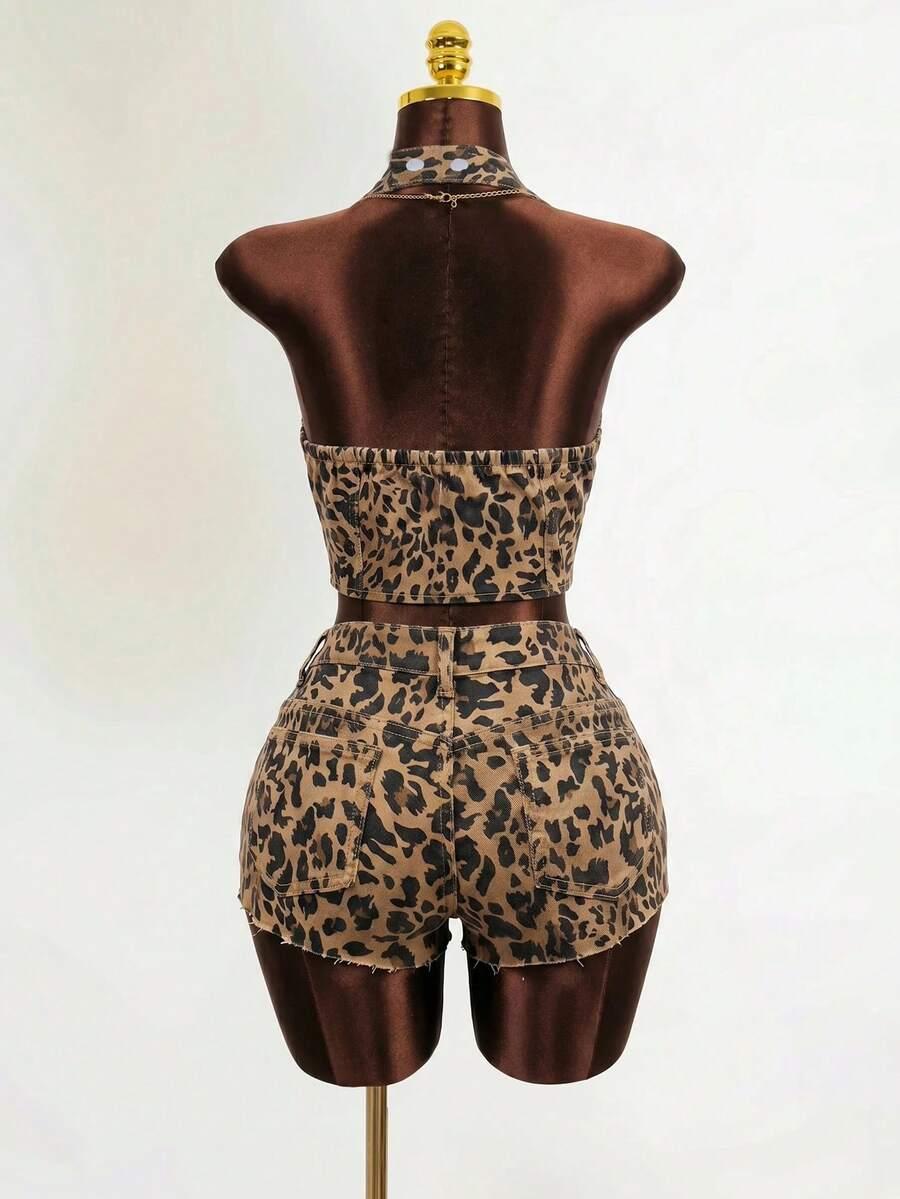 animal print denim backless vest jacket