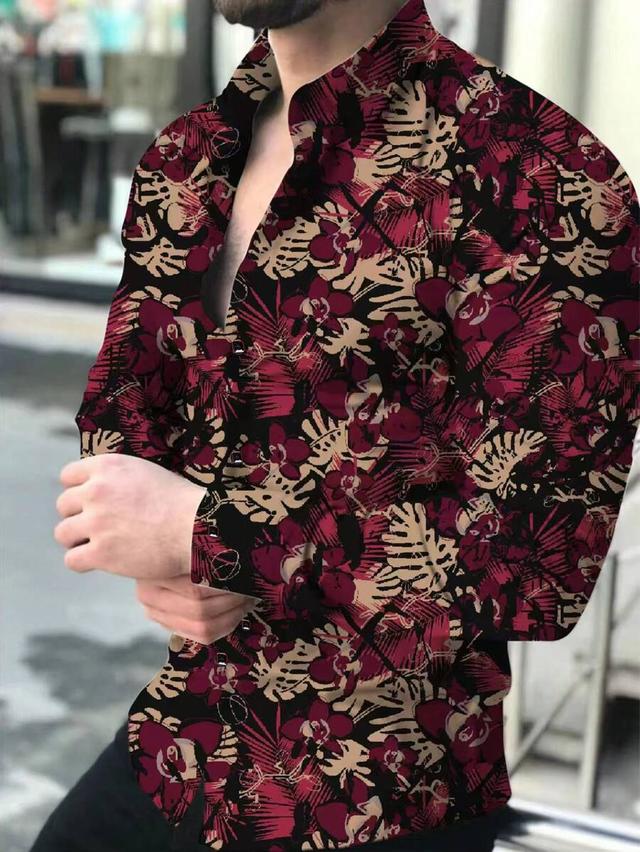 men's long sleeve tropical plant print shirt