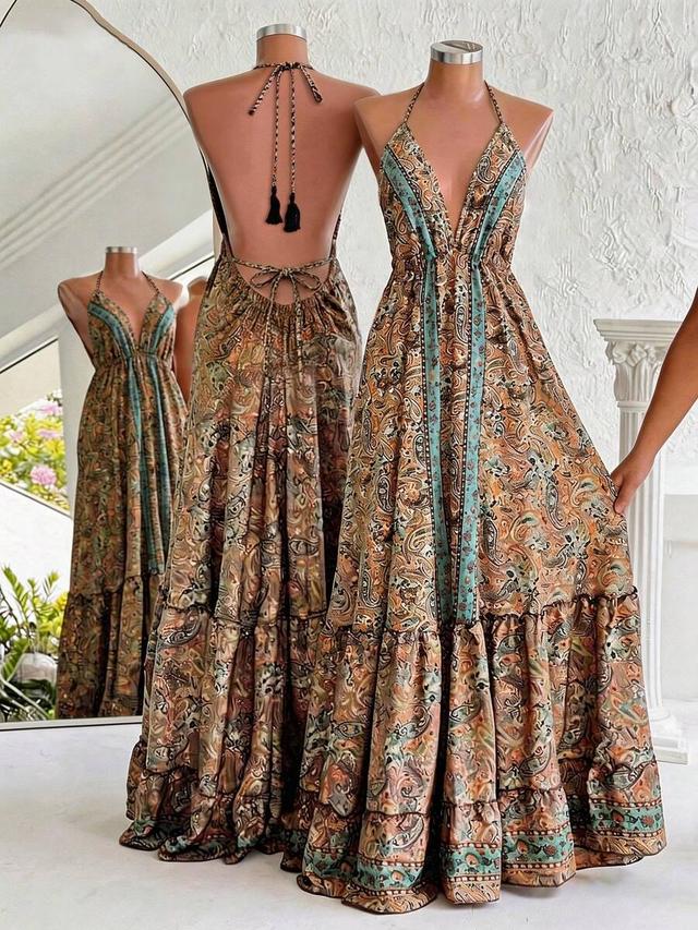 paisley print backless halter neck long boho dress
