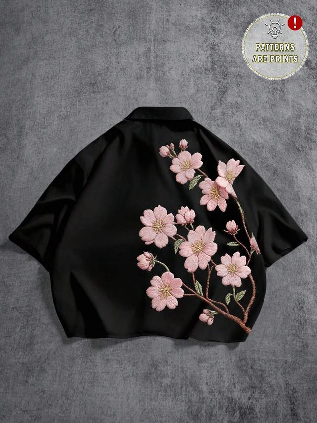 boxy cropped black shirt with pink sakura floral embroidery