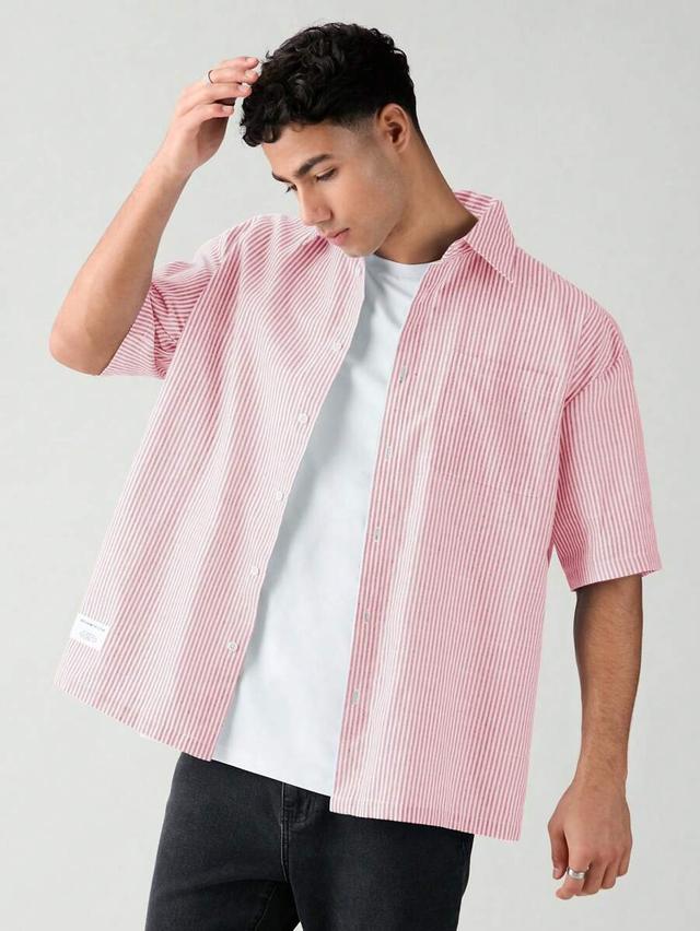 men's red and white striped short sleeve button up