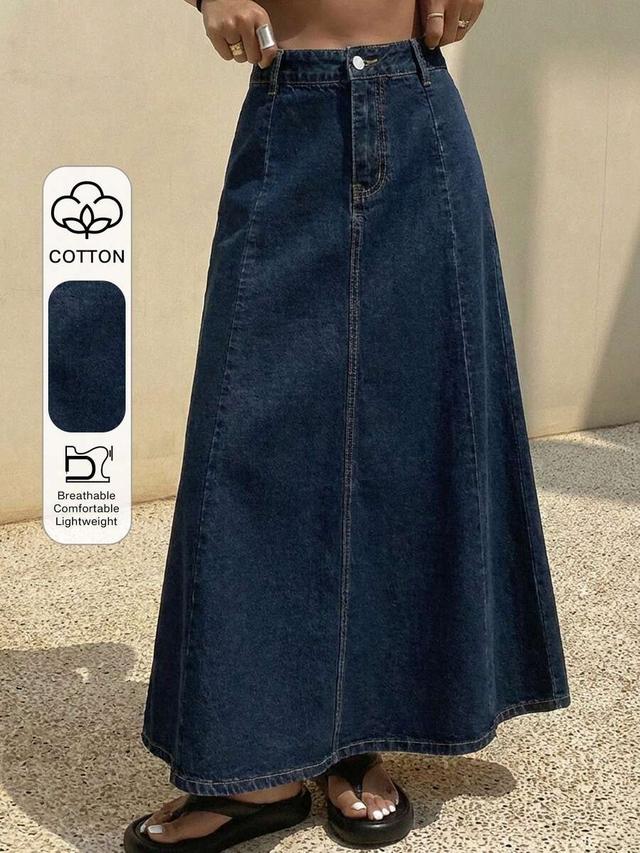 dark wash denim midi skirt with panel construction