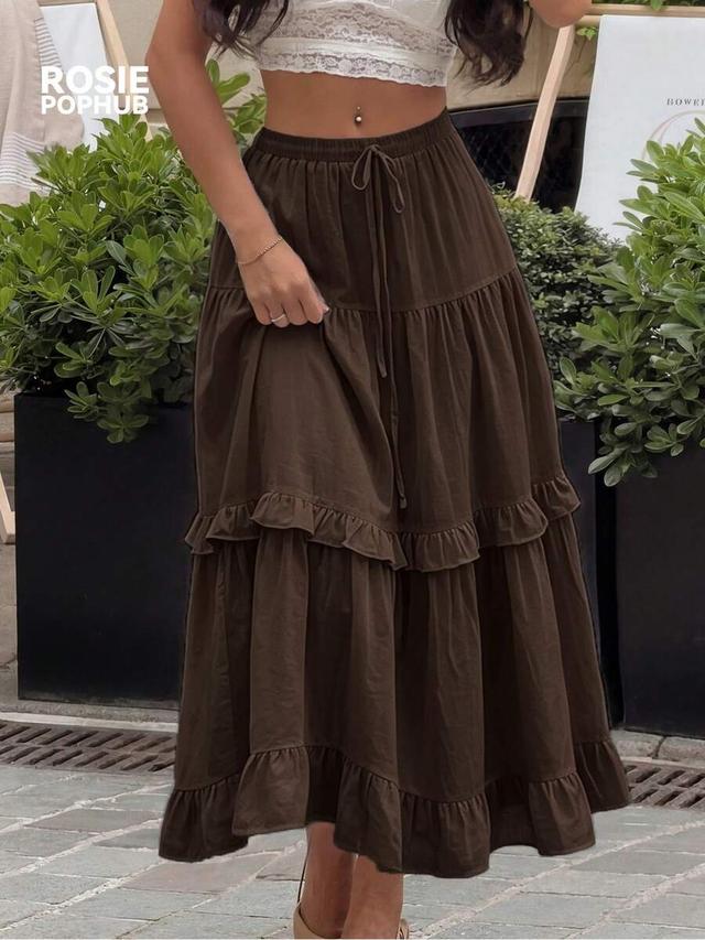 coffee brown cotton tiered ruffle hem maxi skirt