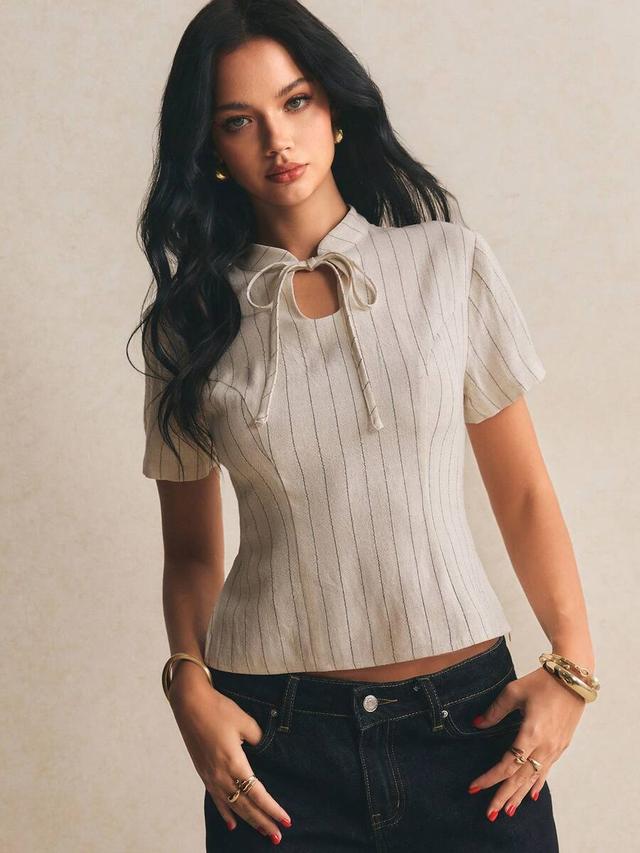 beige striped tie collar short sleeve chinese-style blouse