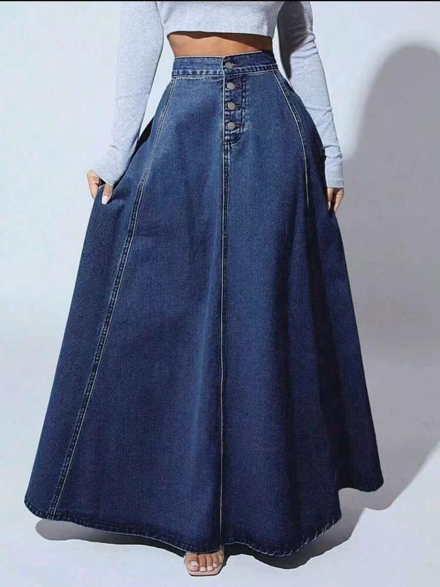 dark wash denim button-front maxi skirt