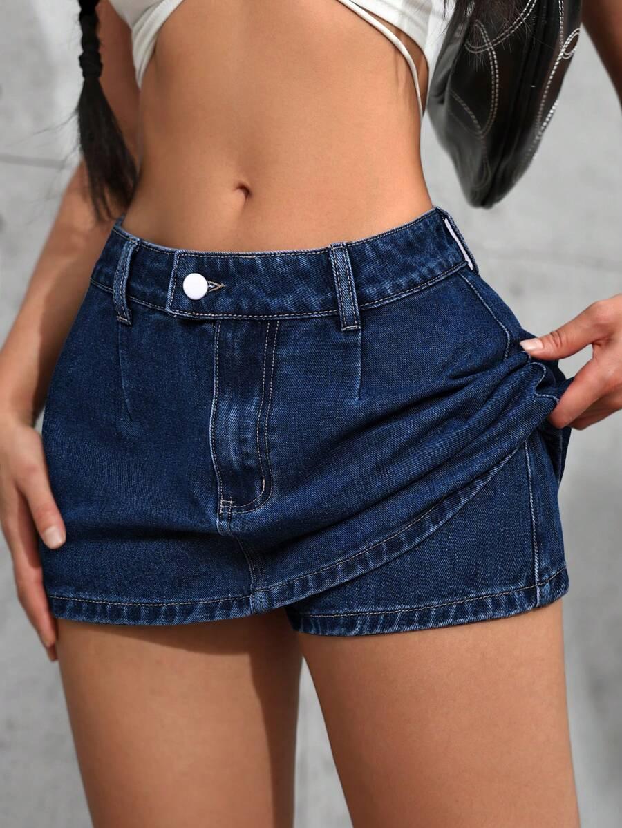 dark wash denim mini skirt with wrap detail